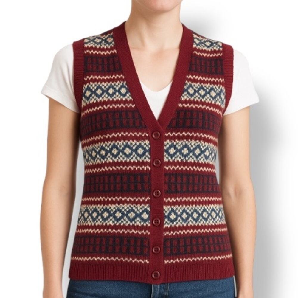 Vintage Talbots Fair Isle Wool Sweater Vest Burgundy Button Front Petite Preppy‎